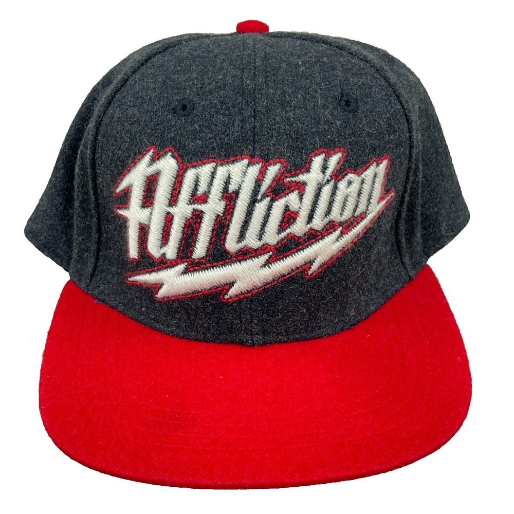 Affliction Hat Cap‎ Snapback Gray Red Wool Tweed Script Spellout Lightning Bolt